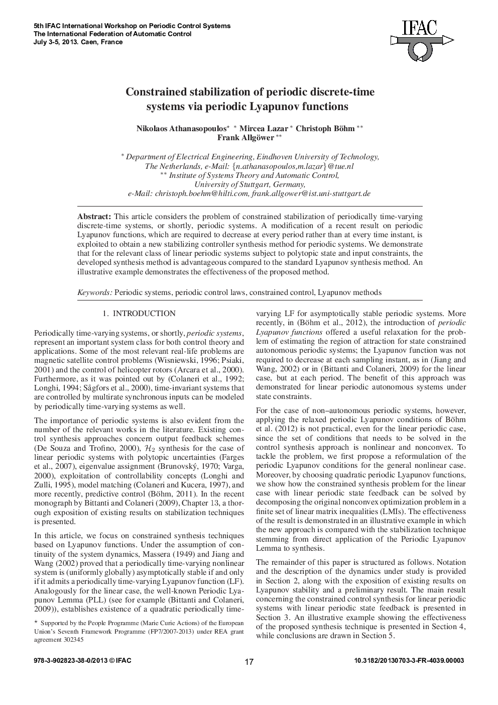 عکس صفحه اول مقاله: Constrained stabilization of periodic discrete-time systems via periodic Lyapunov functions Constrained stabilization of periodic discrete-time systems via periodic Lyapunov functions
