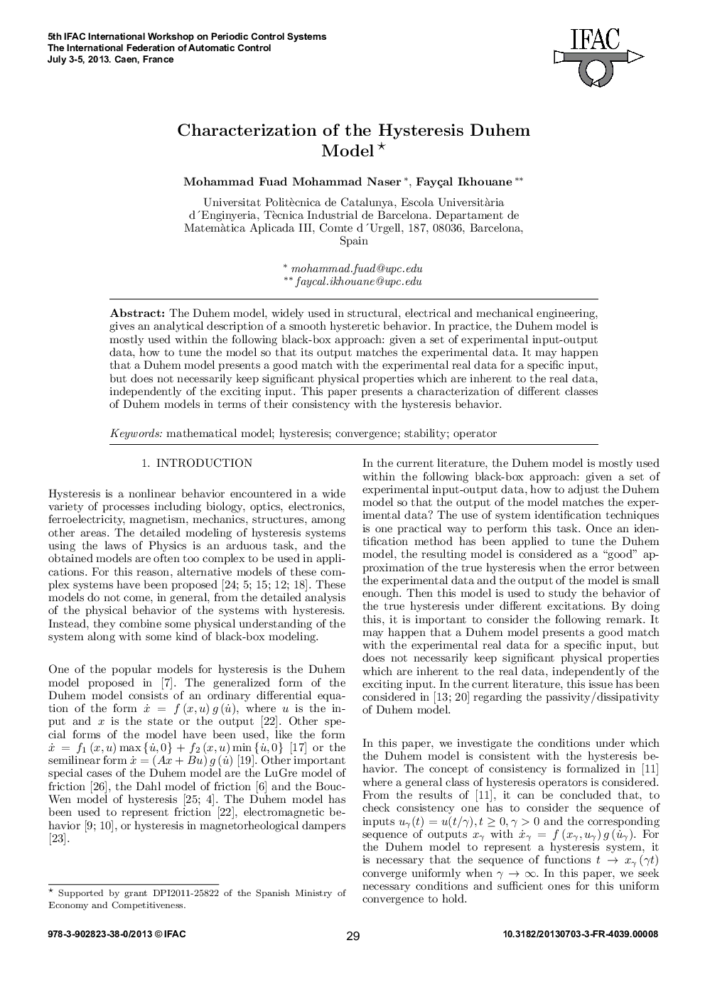 عکس صفحه اول مقاله: Characterization of the Hysteresis Duhem Model Characterization of the Hysteresis Duhem Model