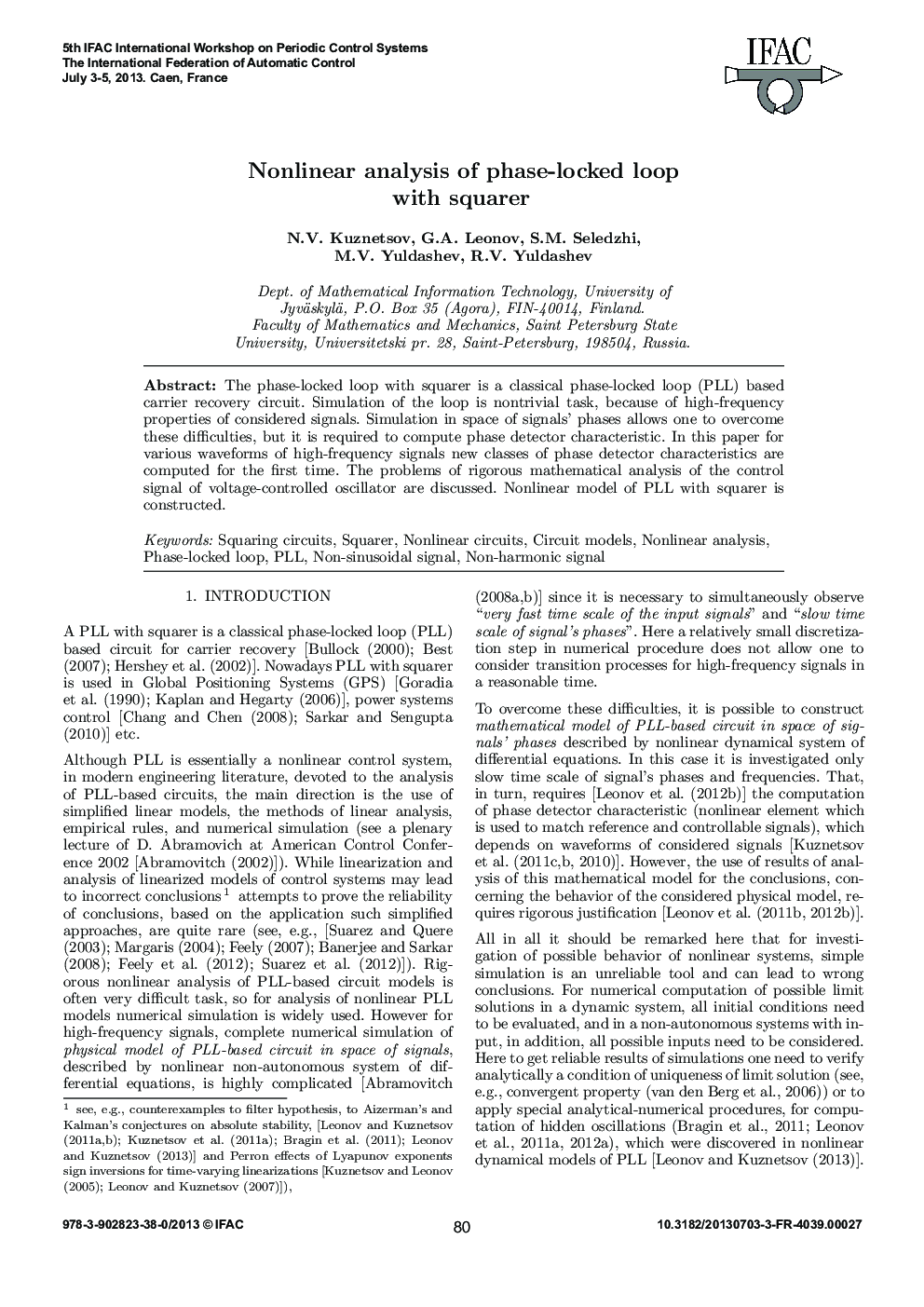 عکس صفحه اول مقاله: Nonlinear analysis of phase-locked loop with squarer Nonlinear analysis of phase-locked loop with squarer