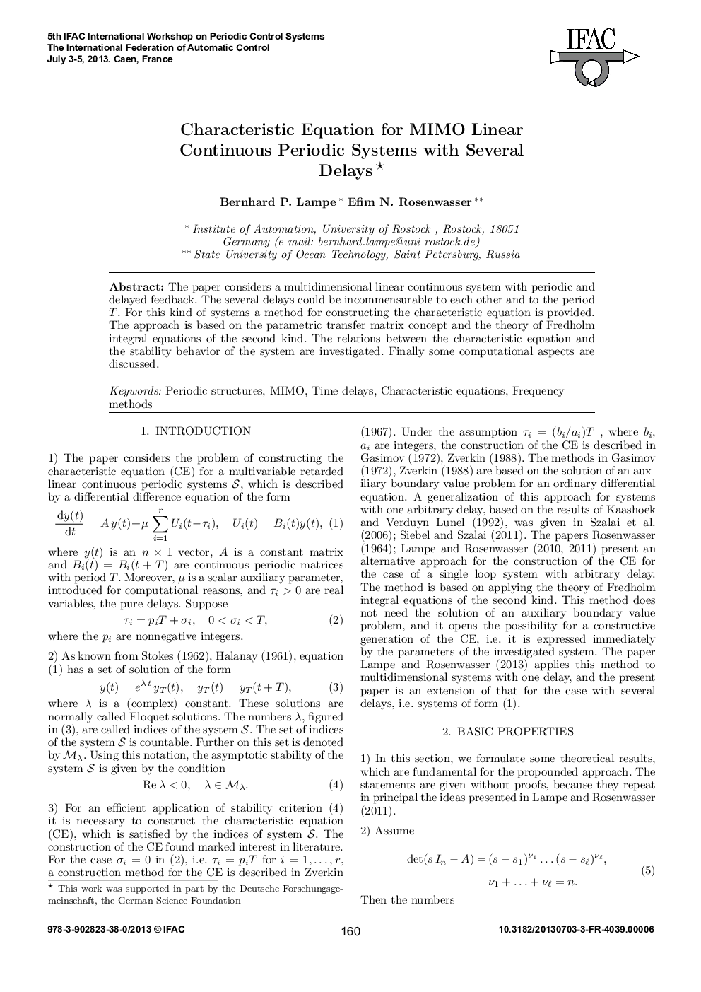عکس صفحه اول مقاله: Characteristic Equation for MIMO Linear Continuous Periodic Systems with Several Delays Characteristic Equation for MIMO Linear Continuous Periodic Systems with Several Delays