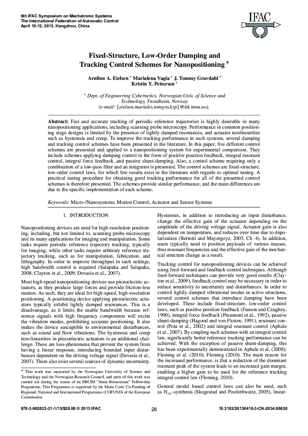 Fixed-Structure, Low-Order Damping and Tracking Control Schemes for Nanopositioning 