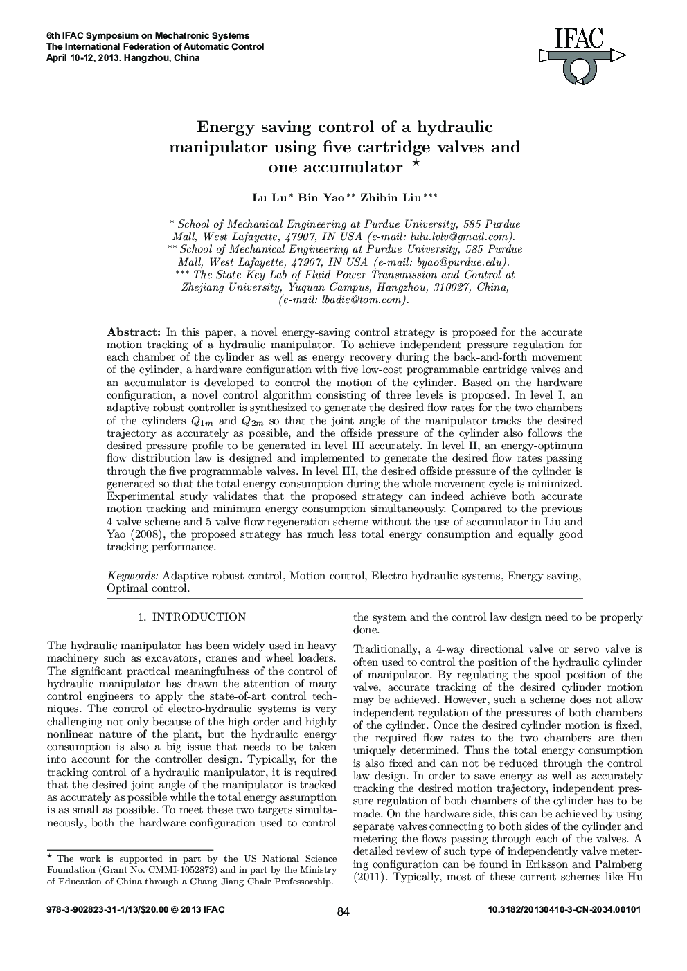 Energy saving control of a hydraulic manipulator using five cartridge valves and one accumulator*