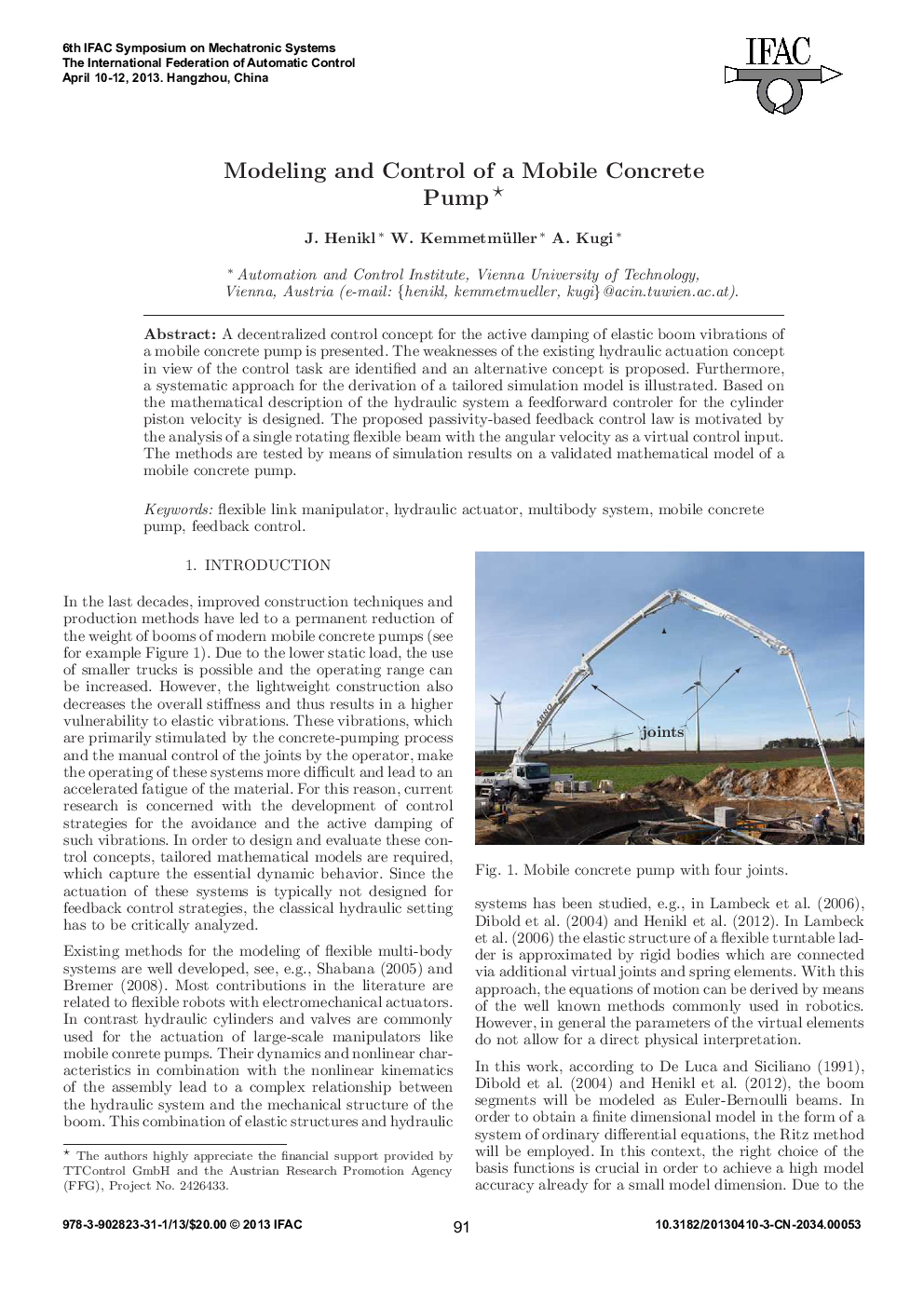 عکس صفحه اول مقاله: Modeling and Control of a Mobile Concrete Pump* Modeling and Control of a Mobile Concrete Pump*