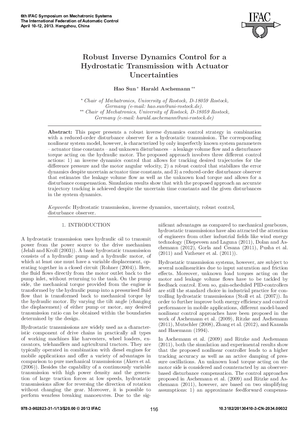 Robust Inverse Dynamics Control for a Hydrostatic Transmission with Actuator Uncertainties