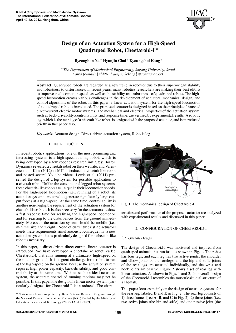 Design of an Actuation System for a High-Speed Quadruped Robot, Cheetaroid-I*