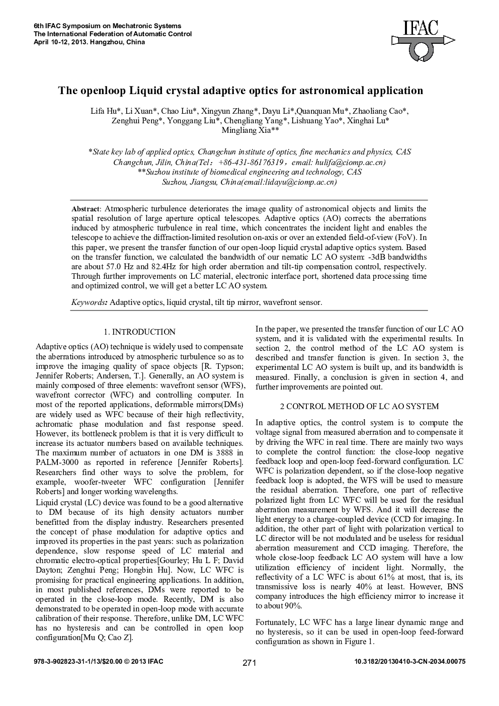 عکس صفحه اول مقاله: The openloop Liquid crystal adaptive optics for astronomical application The openloop Liquid crystal adaptive optics for astronomical application