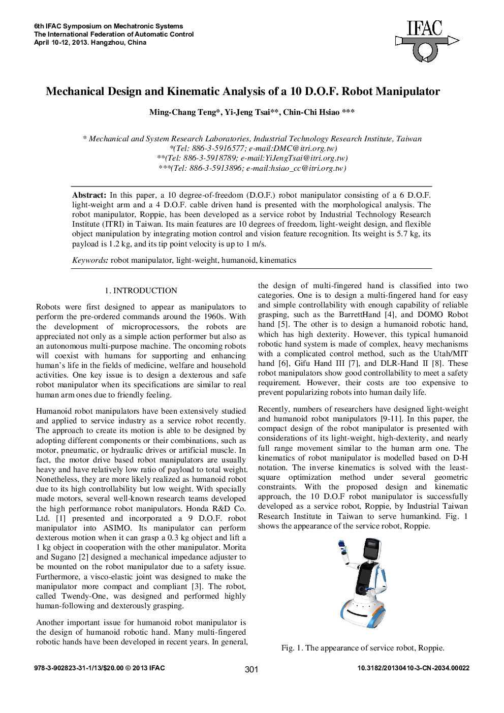 عکس صفحه اول مقاله: Mechanical Design and Kinematic Analysis of a 10 D.O.F. Robot Manipulator Mechanical Design and Kinematic Analysis of a 10 D.O.F. Robot Manipulator