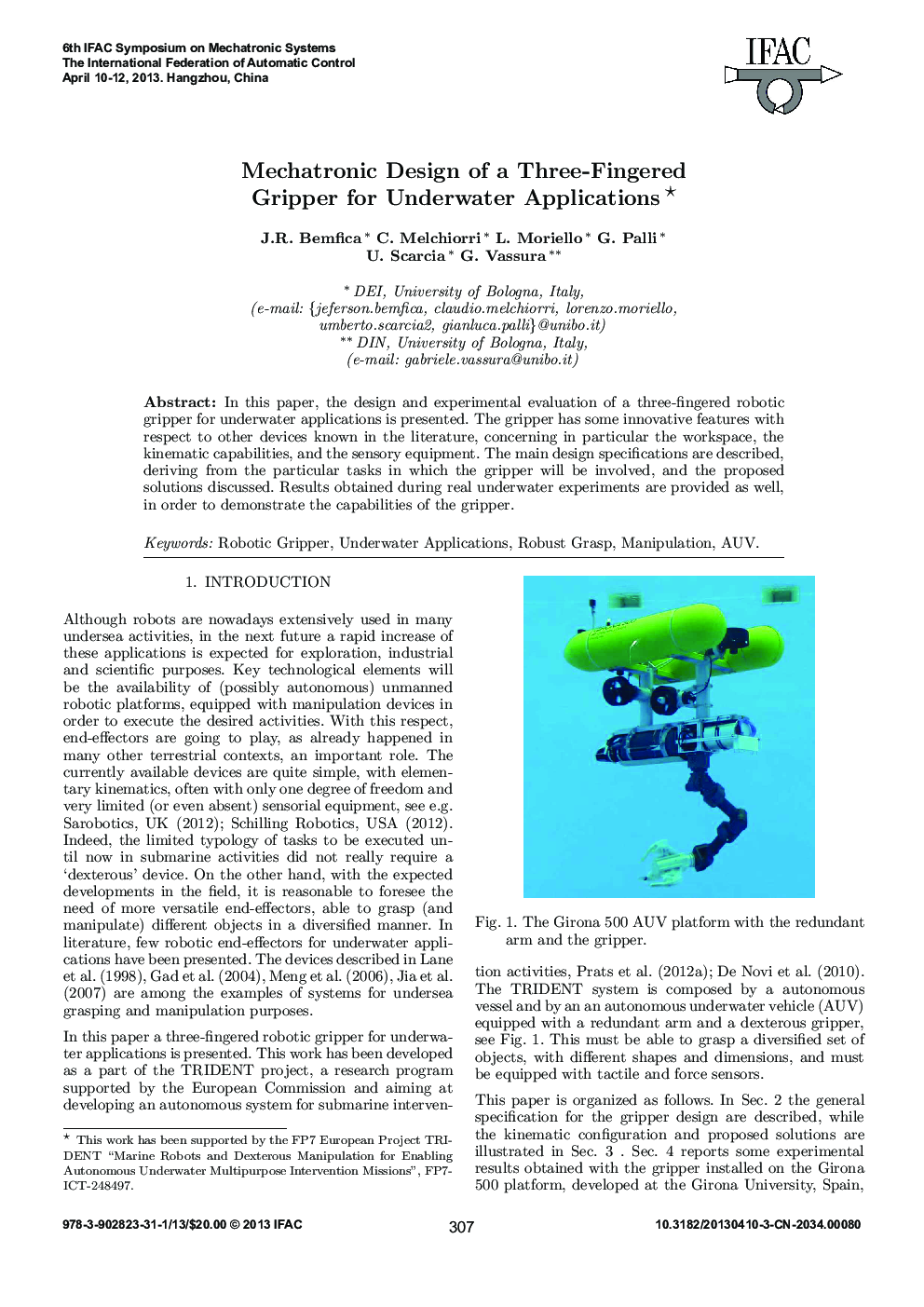 عکس صفحه اول مقاله: Mechatronic Design of a Three-Fingered Gripper for Underwater Applications* Mechatronic Design of a Three-Fingered Gripper for Underwater Applications*