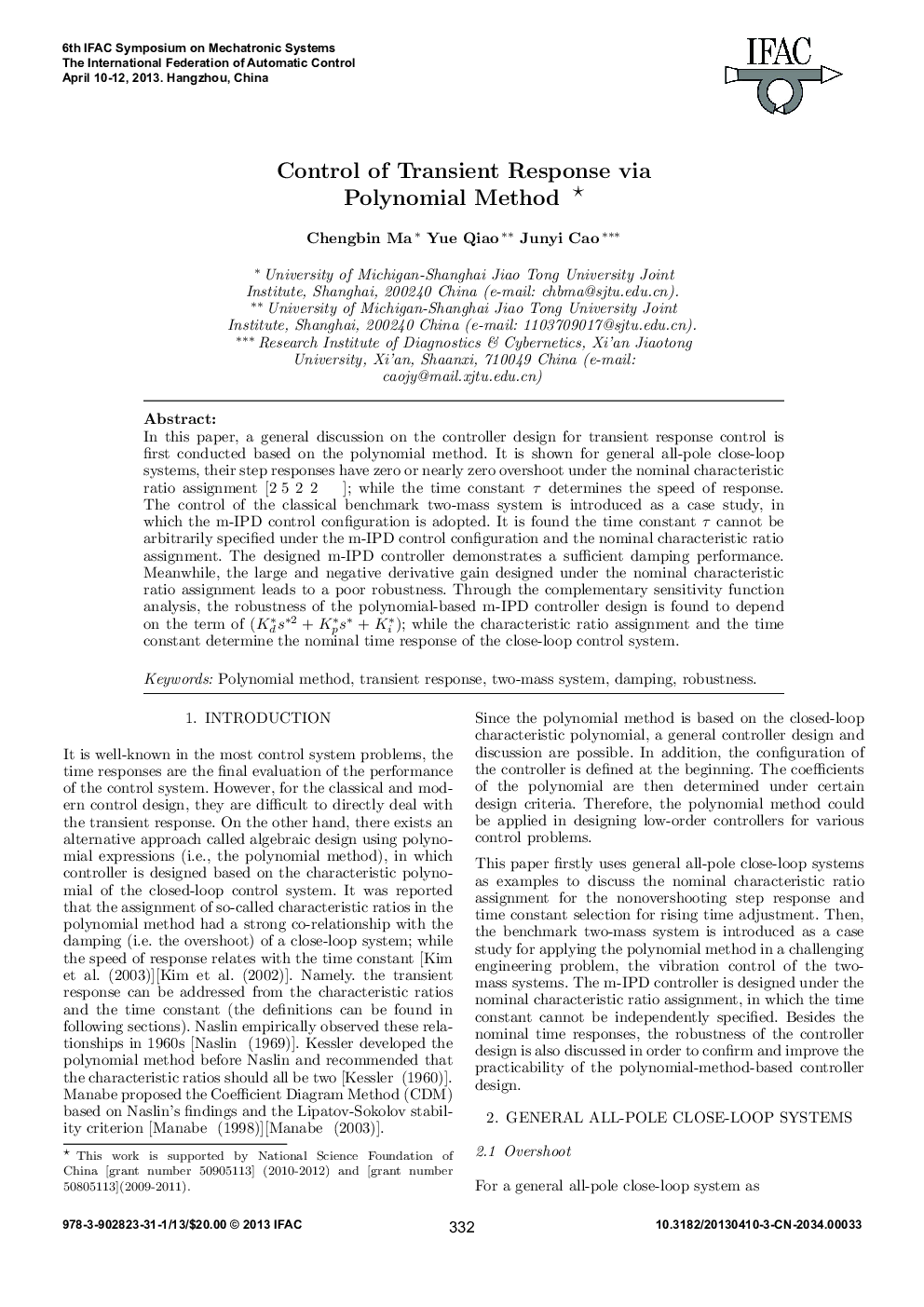 Control of Transient Response via Polynomial Method 