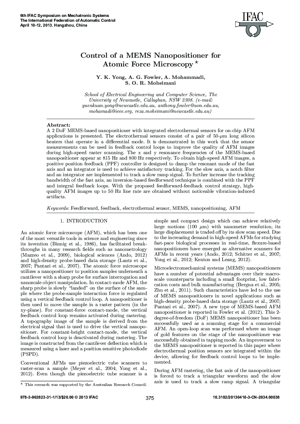 Control of a MEMS Nanopositioner for Atomic Force Microscopy*