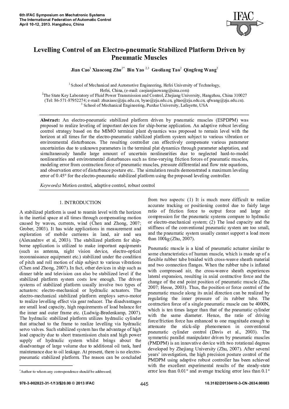 Levelling Control of an Electro-pneumatic Stabilized Platform Driven by Pneumatic Muscles 