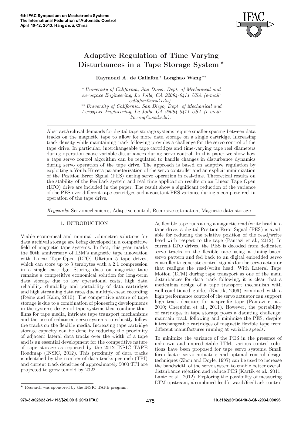 Adaptive Regulation of Time Varying Disturbances in a Tape Storage System*