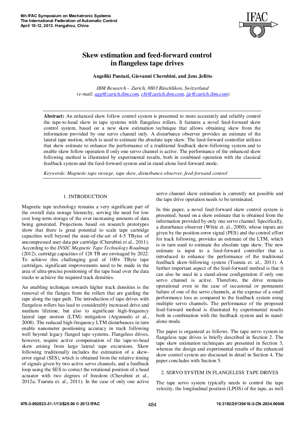 Skew estimation and feed-forward control in flangeless tape drives