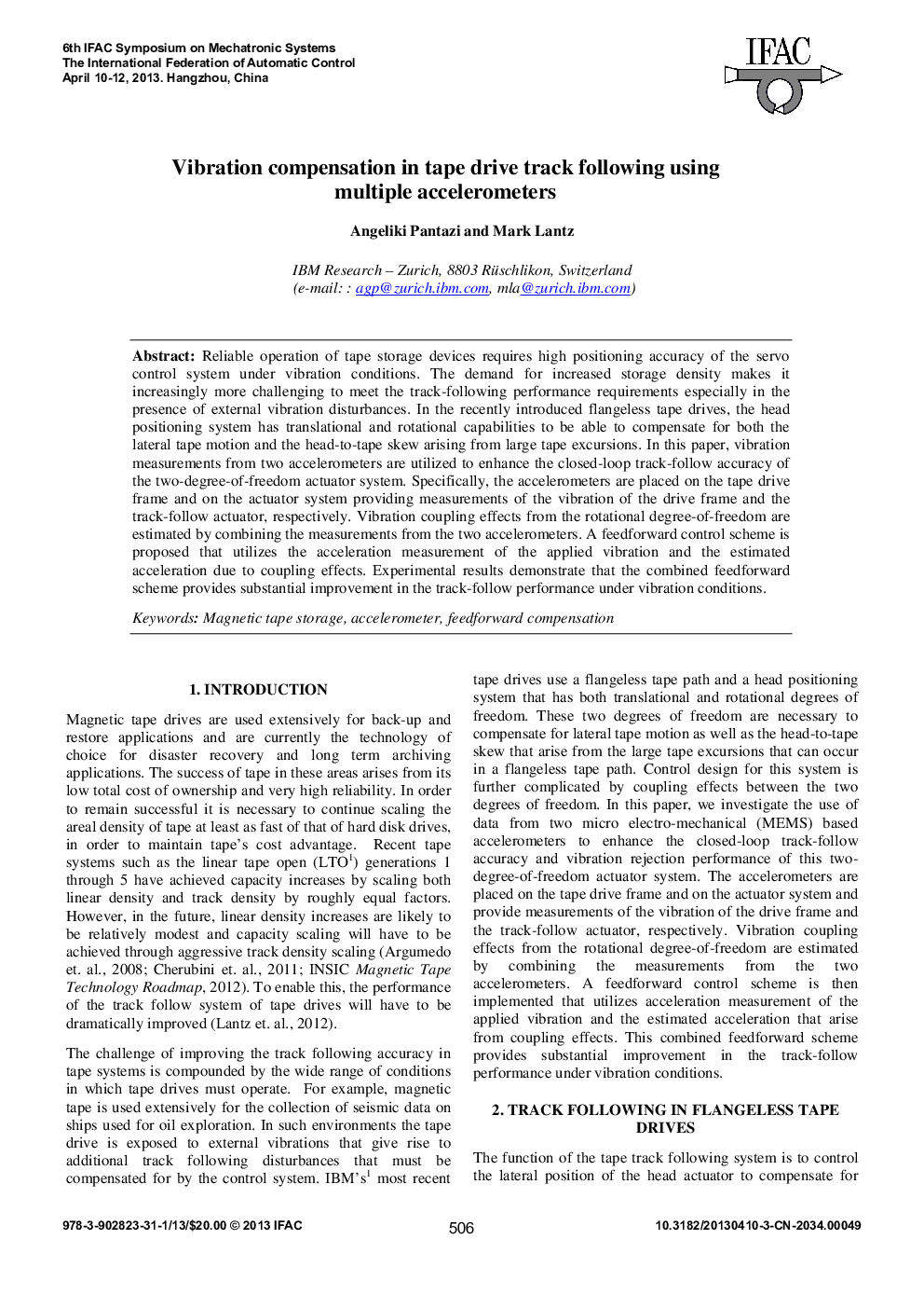 عکس صفحه اول مقاله: Vibration compensation in tape drive track following using multiple accelerometers Vibration compensation in tape drive track following using multiple accelerometers