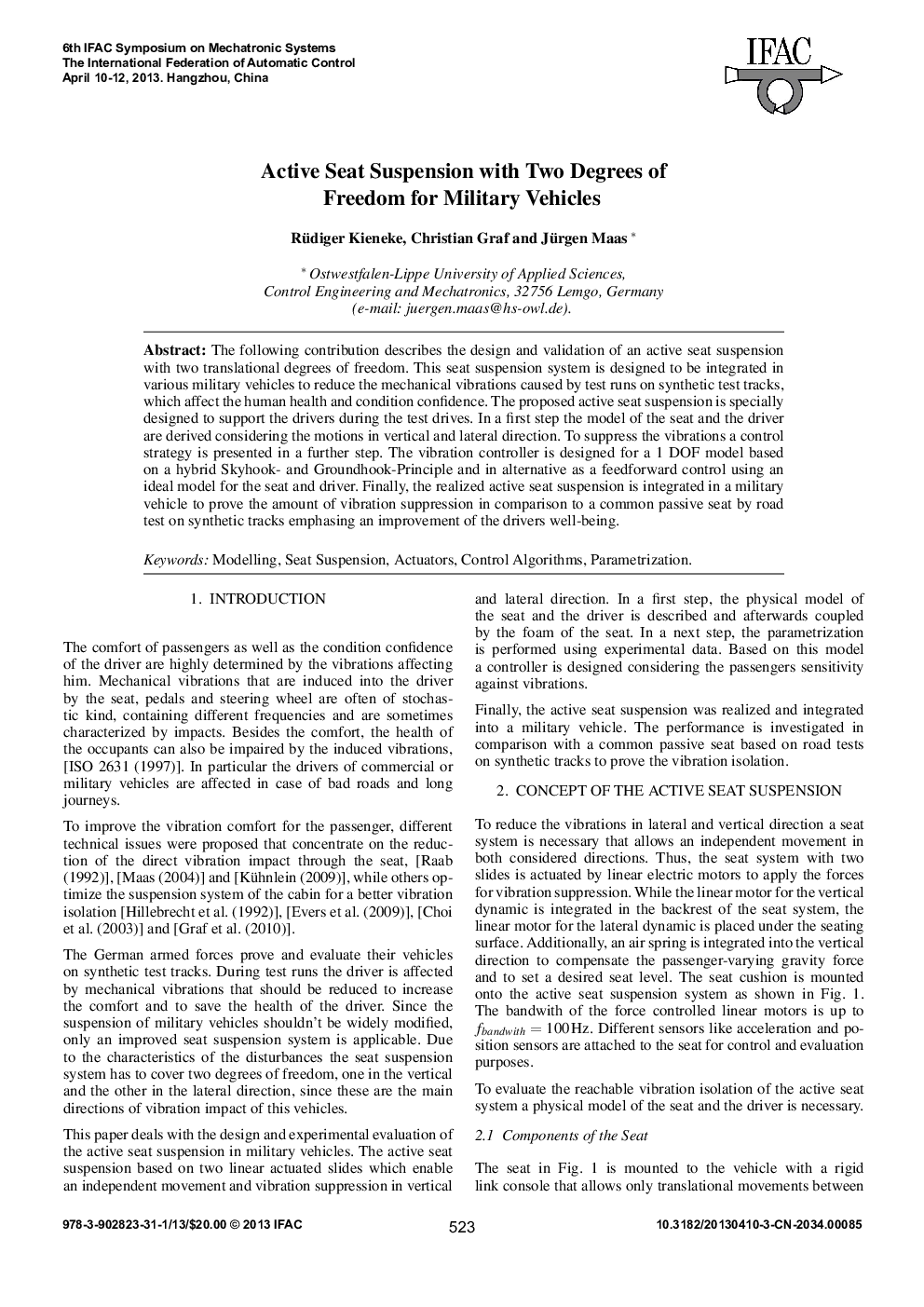 Active Seat Suspension with Two Degrees of Freedom for Military Vehicles