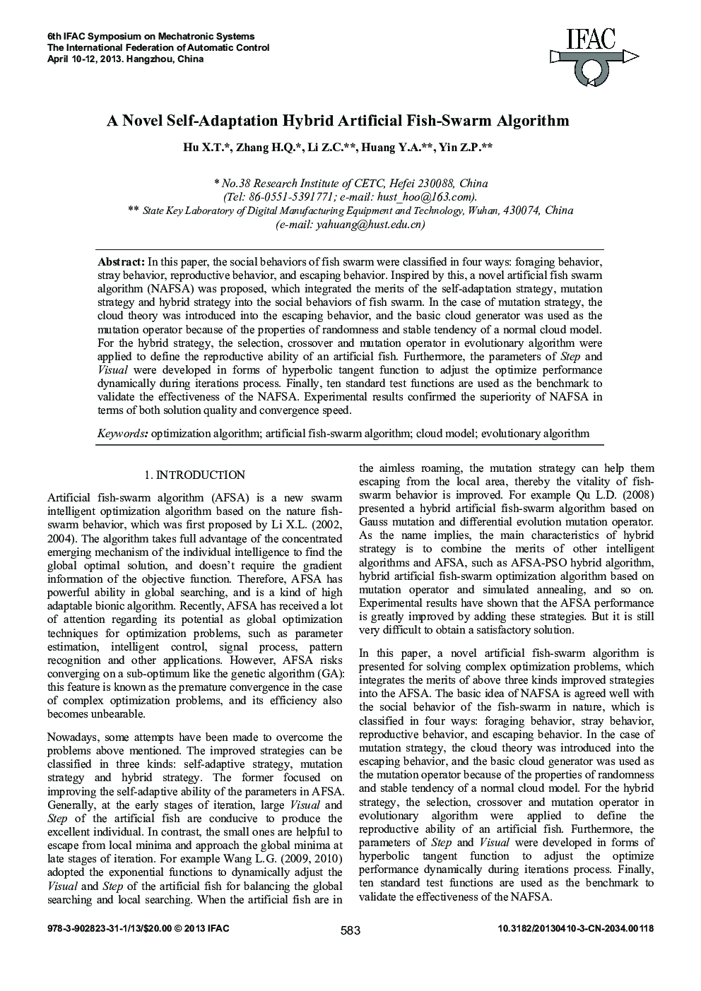 A Novel Self-Adaptation Hybrid Artificial Fish-Swarm Algorithm