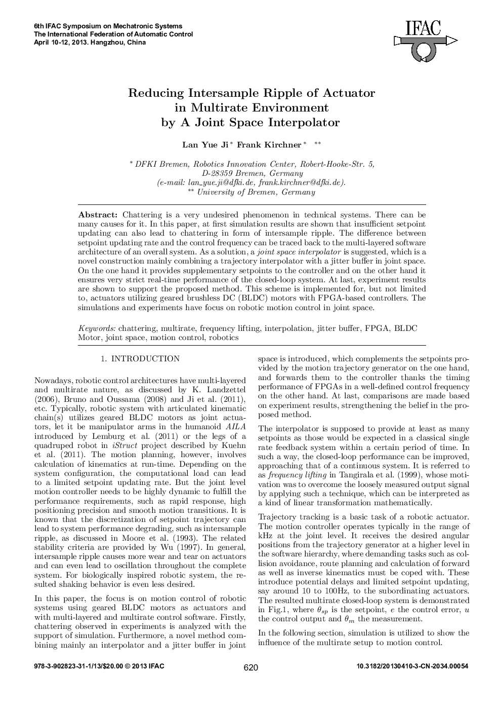 Reducing Intersample Ripple of Actuator in Multirate Environment by A Joint Space Interpolator