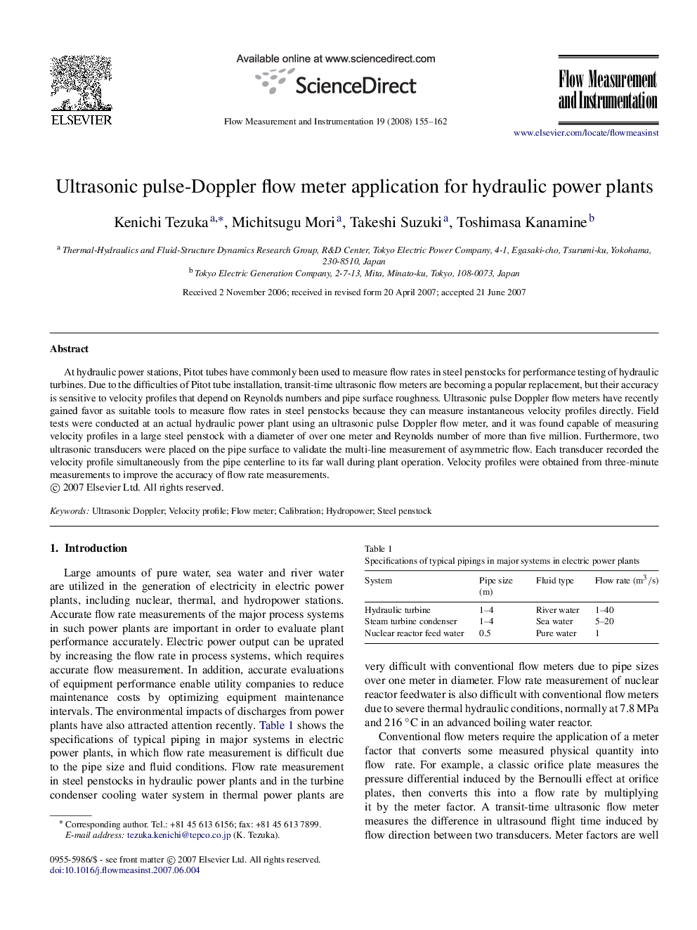 Ultrasonic pulse-Doppler flow meter application for hydraulic power plants