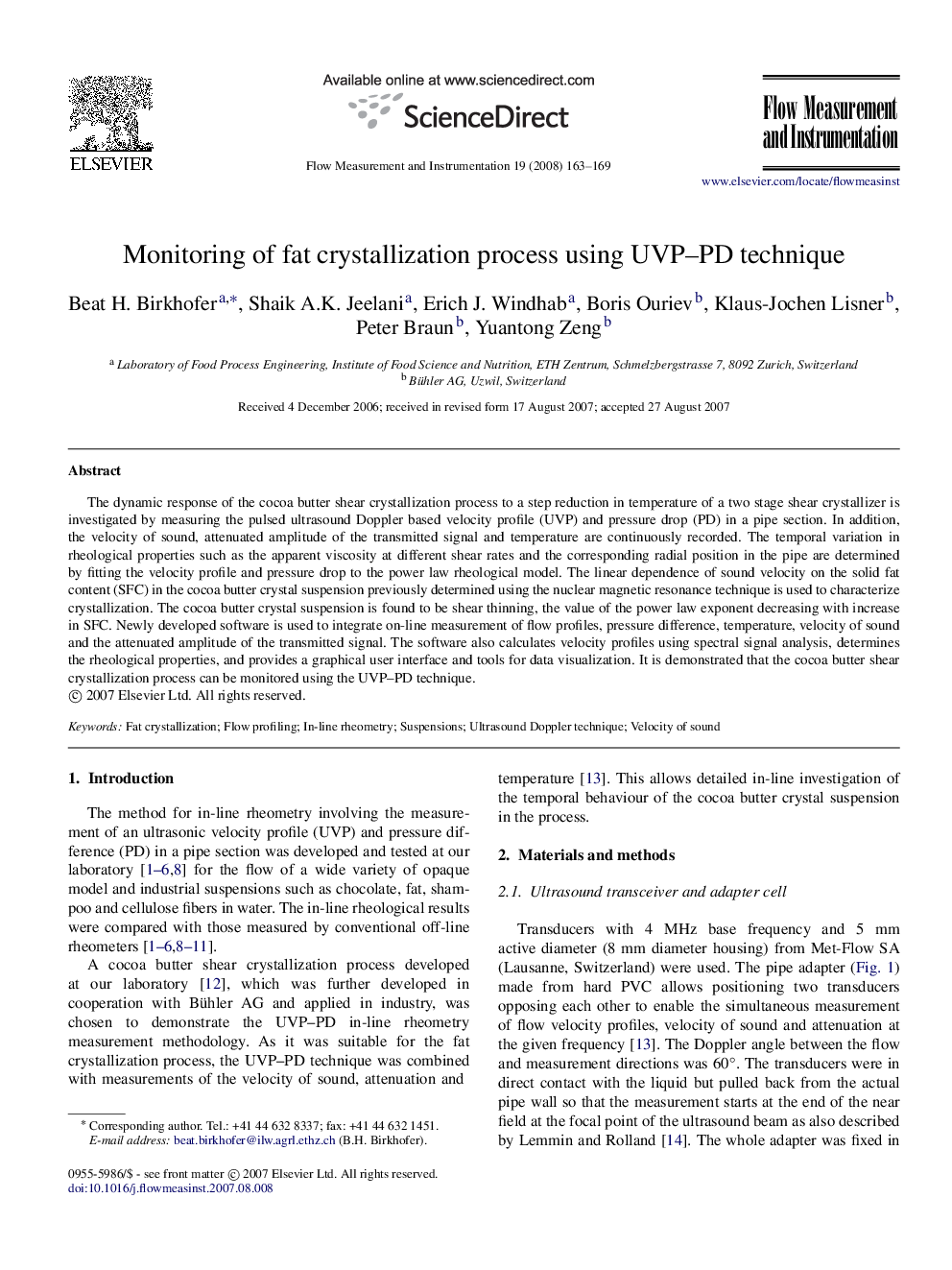 Monitoring of fat crystallization process using UVP–PD technique