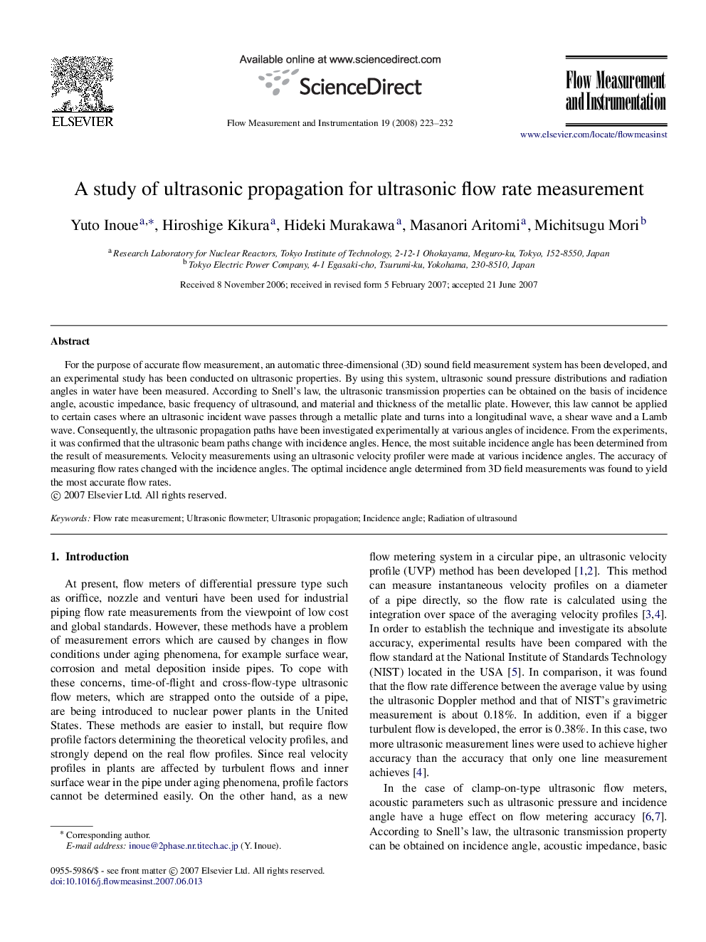 A study of ultrasonic propagation for ultrasonic flow rate measurement