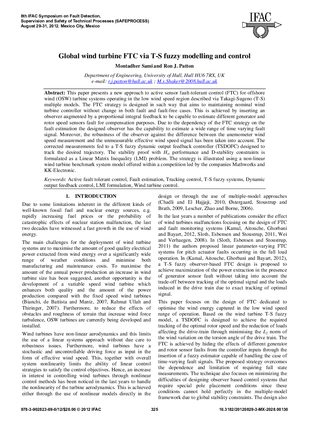 Global wind turbine FTC via T-S fuzzy modelling and control