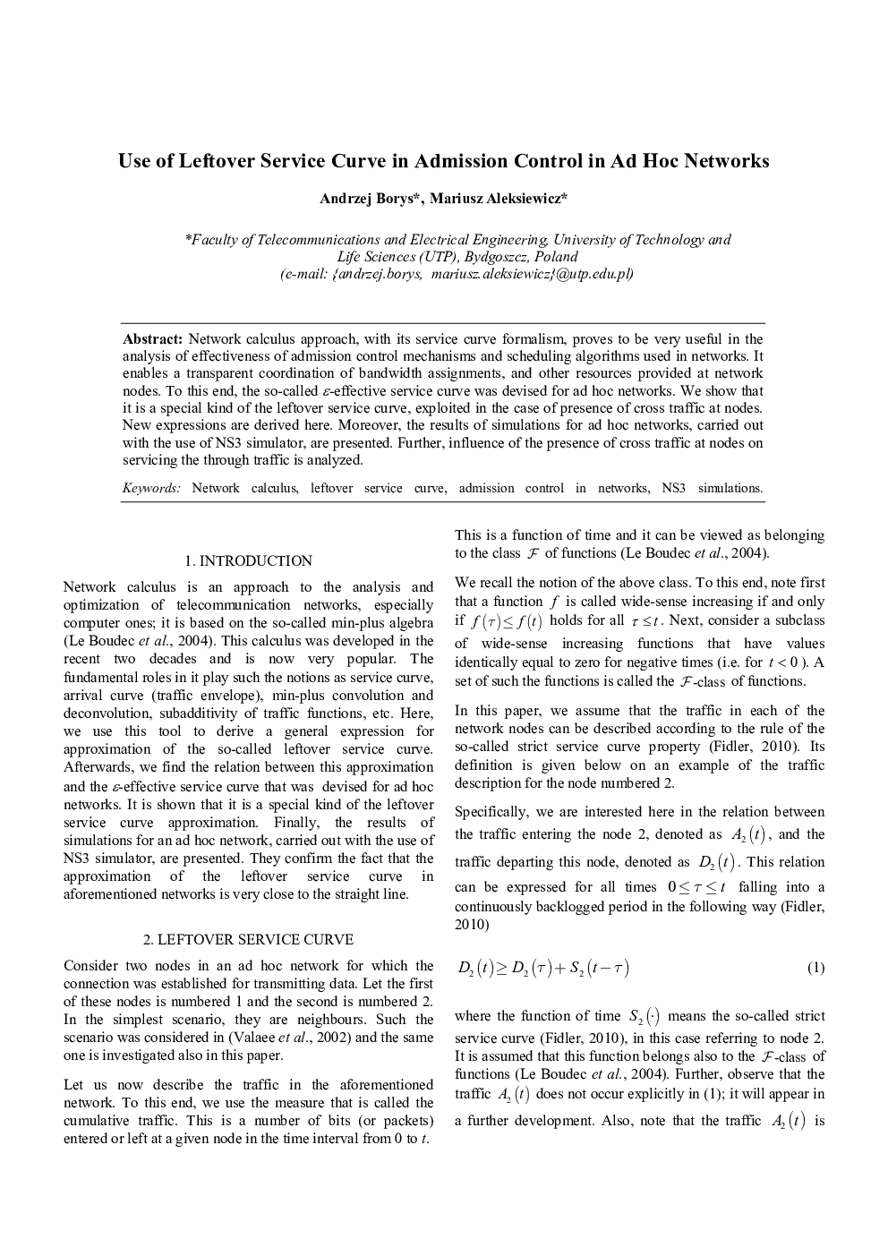 Use of Leftover Service Curve in Admission Control in Ad Hoc Networks