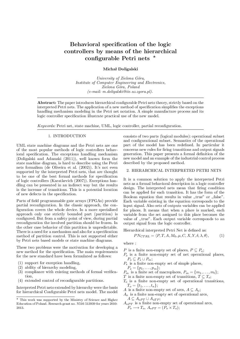 Behavioral specification of the logic controllers by means of the hierarchical configurable Petri nets*