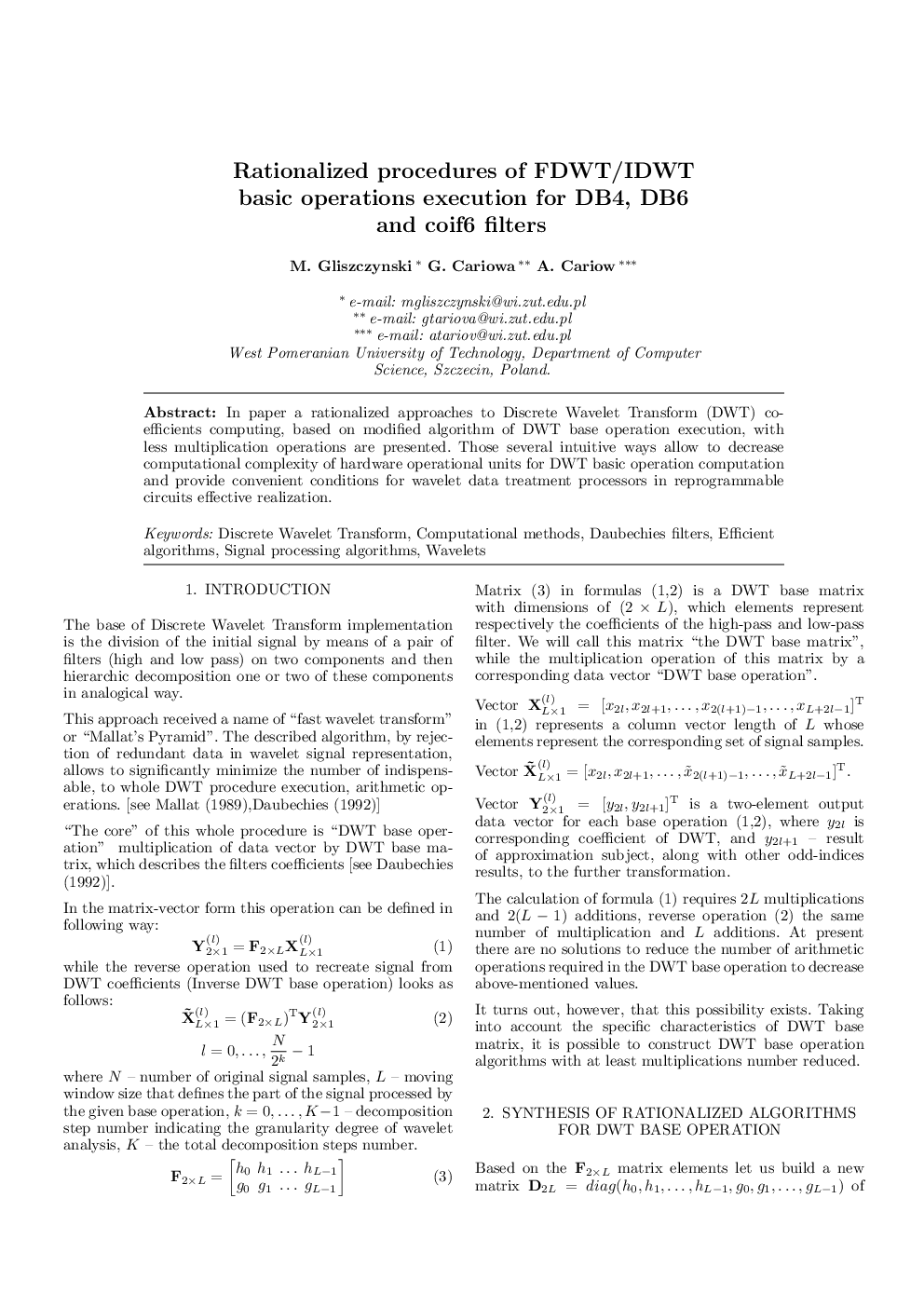 Rationalized procedures of FDWT/IDWT basic operations execution for DB4, DB6 and coif6 filters