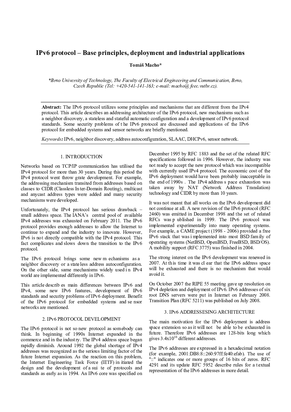 IPv6 protocol – Base principles, deployment and industrial applications