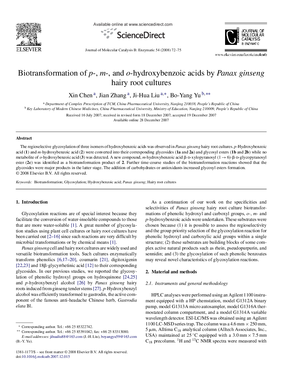 Biotransformation of p-, m-, and o-hydroxybenzoic acids by Panax ginseng hairy root cultures