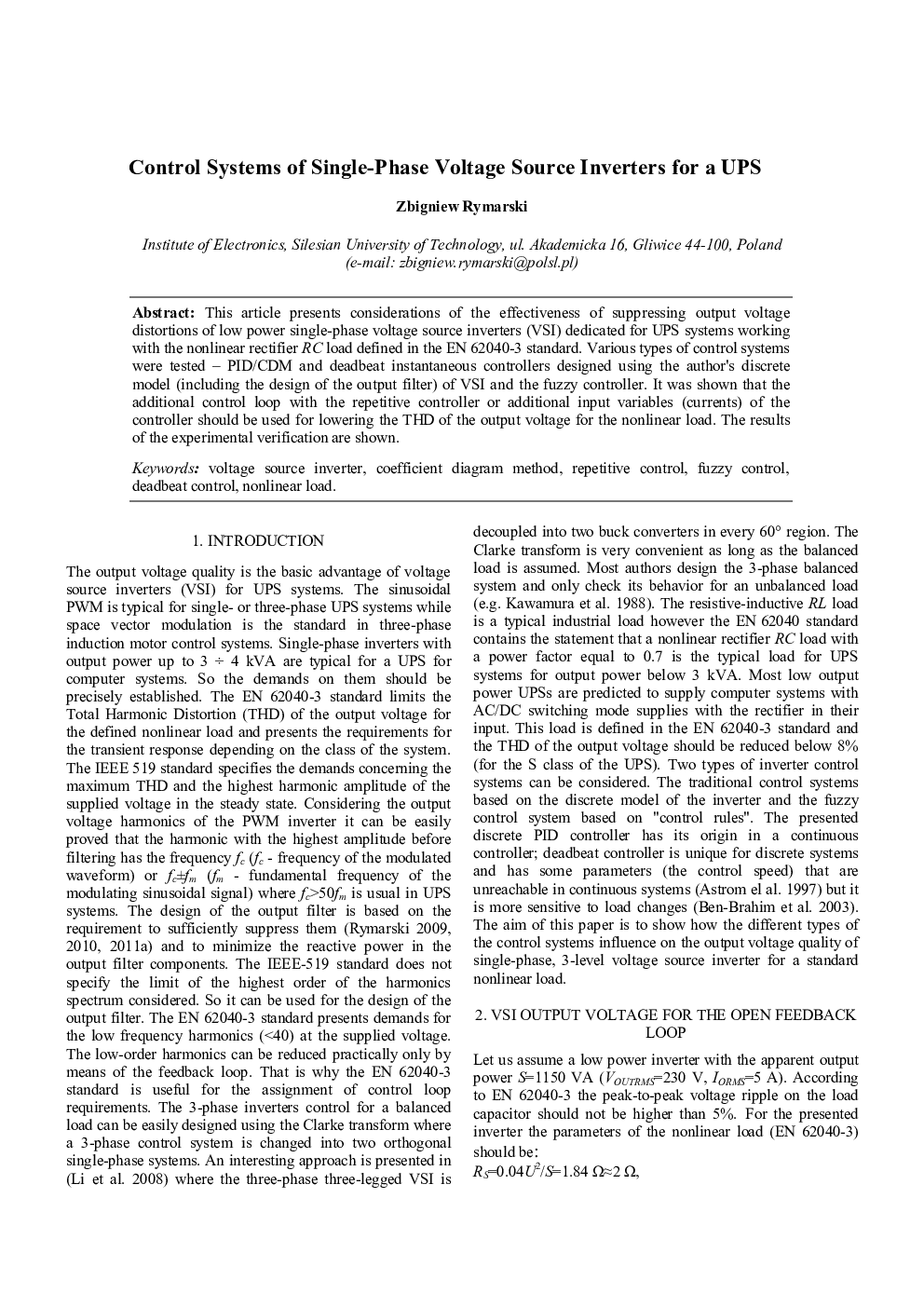 Control Systems of Single-Phase Voltage Source Inverters for a UPS