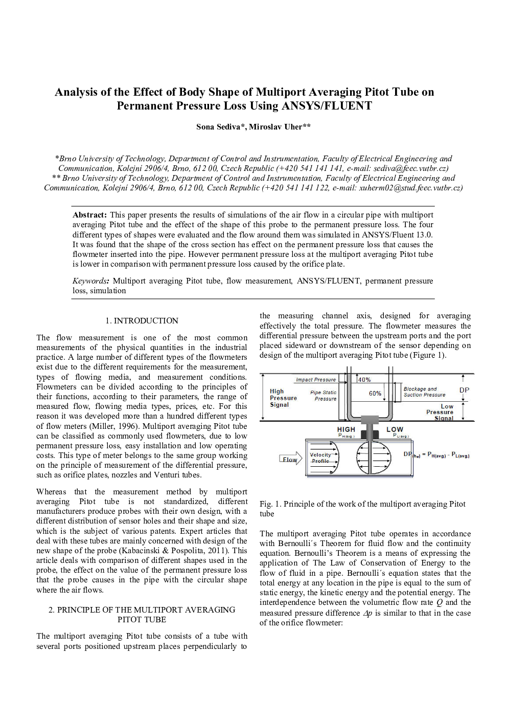 Analysis of the Effect of Body Shape of Multiport Averaging Pitot Tube on Permanent Pressure Loss Using ANSYS/FLUENT