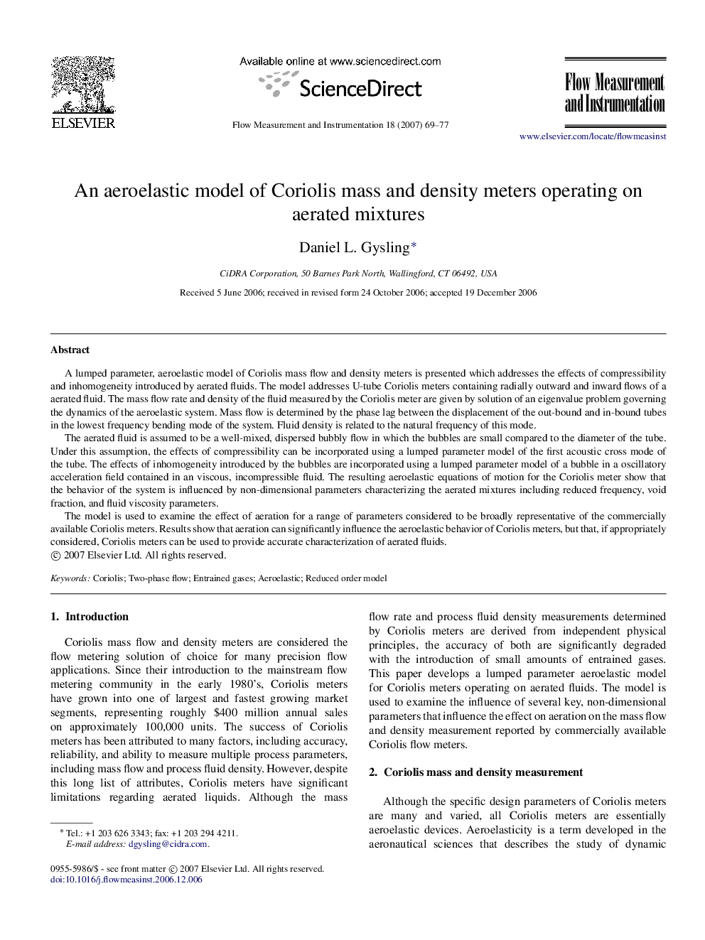 An aeroelastic model of Coriolis mass and density meters operating on aerated mixtures