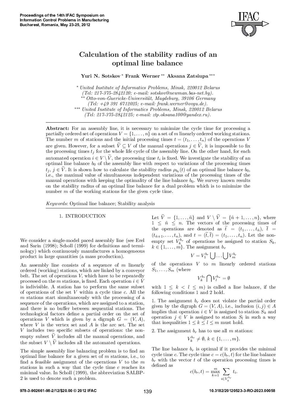 Calculation of the stability radius of an optimal line balance