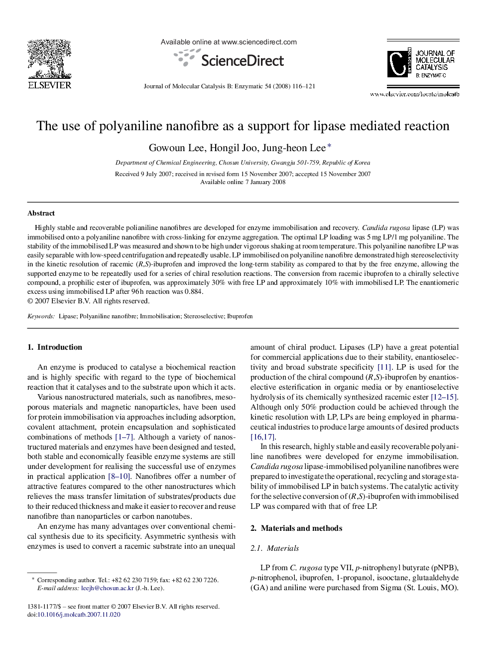 The use of polyaniline nanofibre as a support for lipase mediated reaction