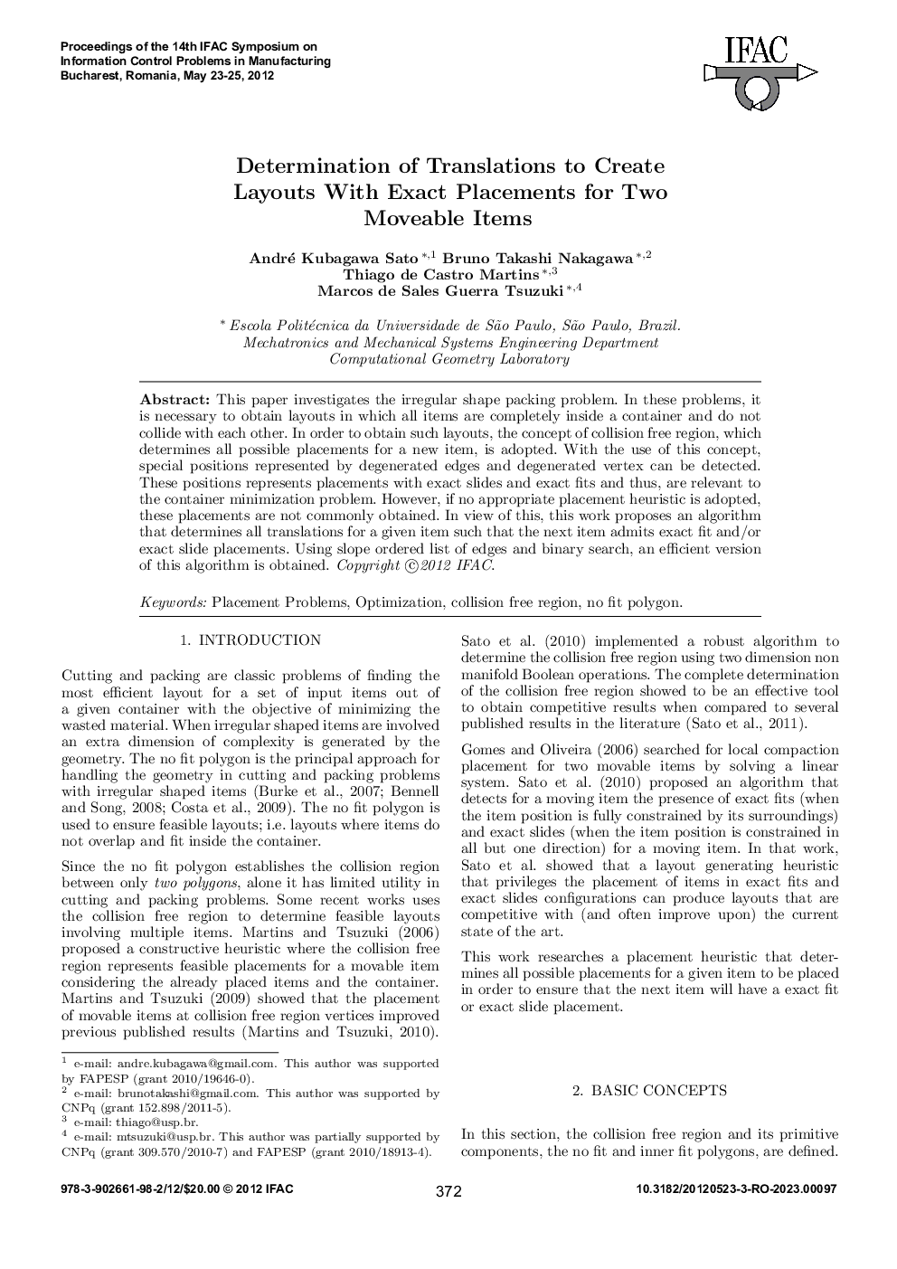 Determination of Translations to Create Layouts With Exact Placements for Two Moveable Items 