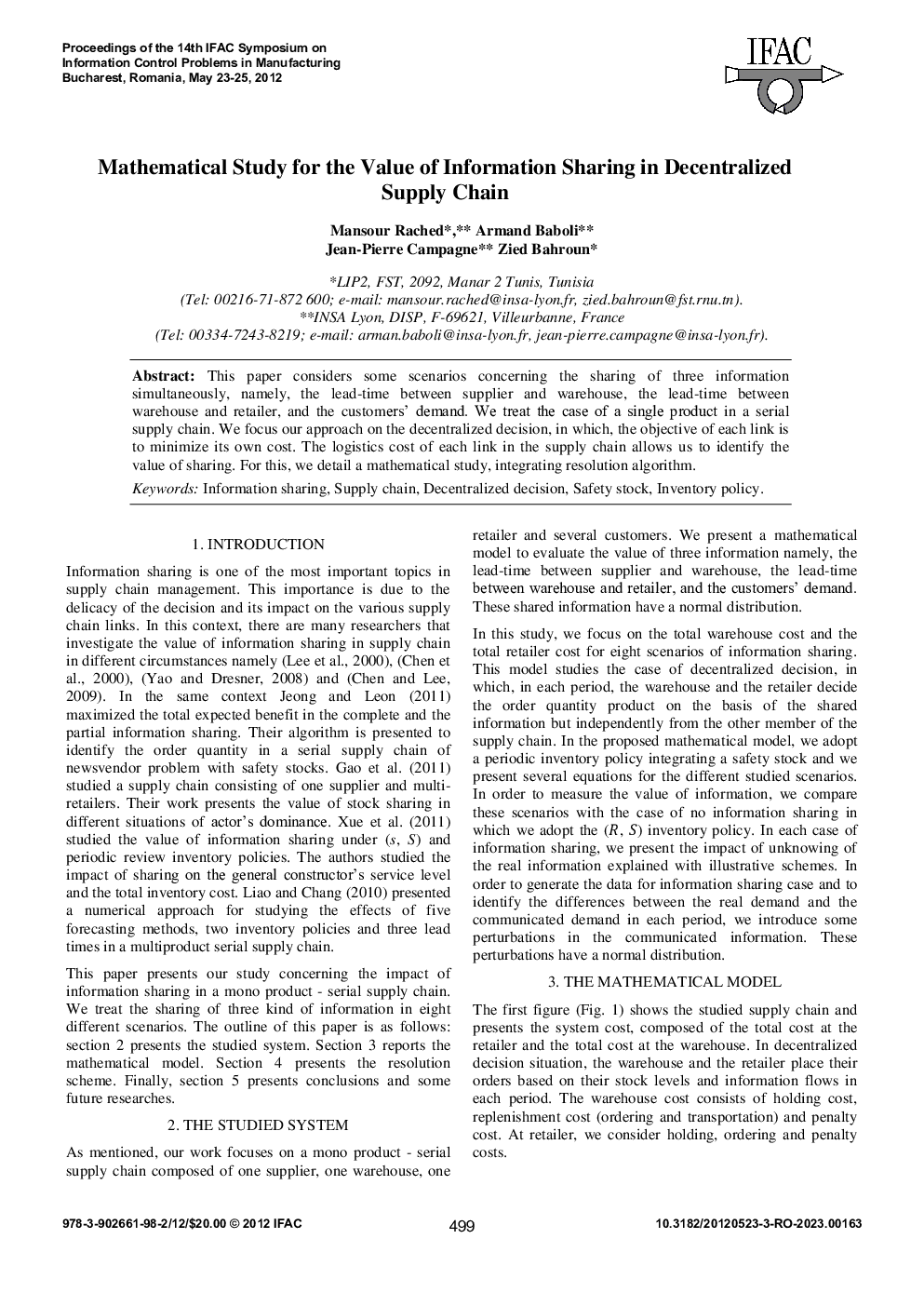 Mathematical Study for the Value of Information Sharing in Decentralized Supply Chain