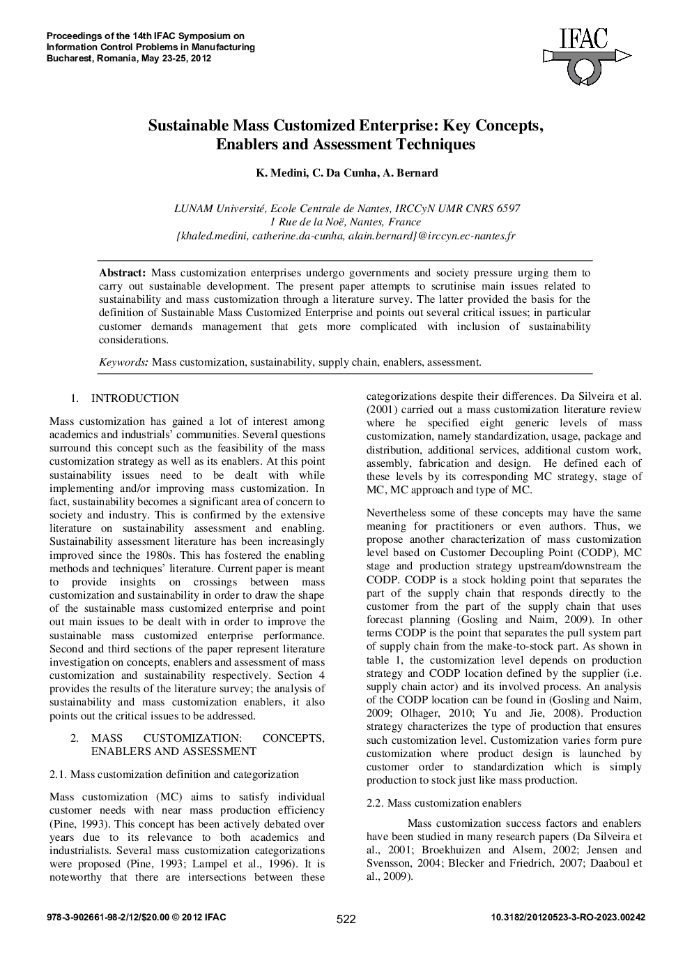 Sustainable Mass Customized Enterprise: Key Concepts, Enablers and Assessment Techniques