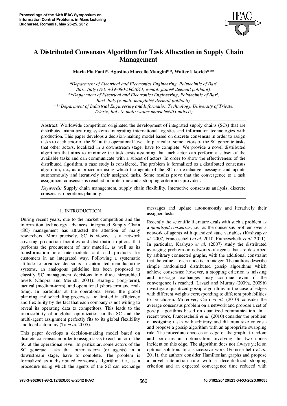 A Distributed Consensus Algorithm for Task Allocation in Supply Chain Management