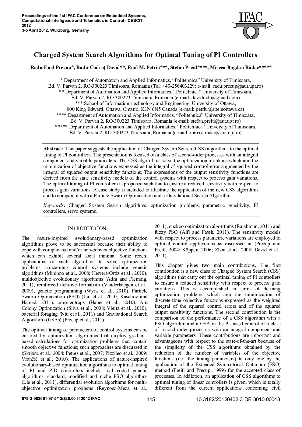 Charged System Search Algorithms for Optimal Tuning of PI Controllers