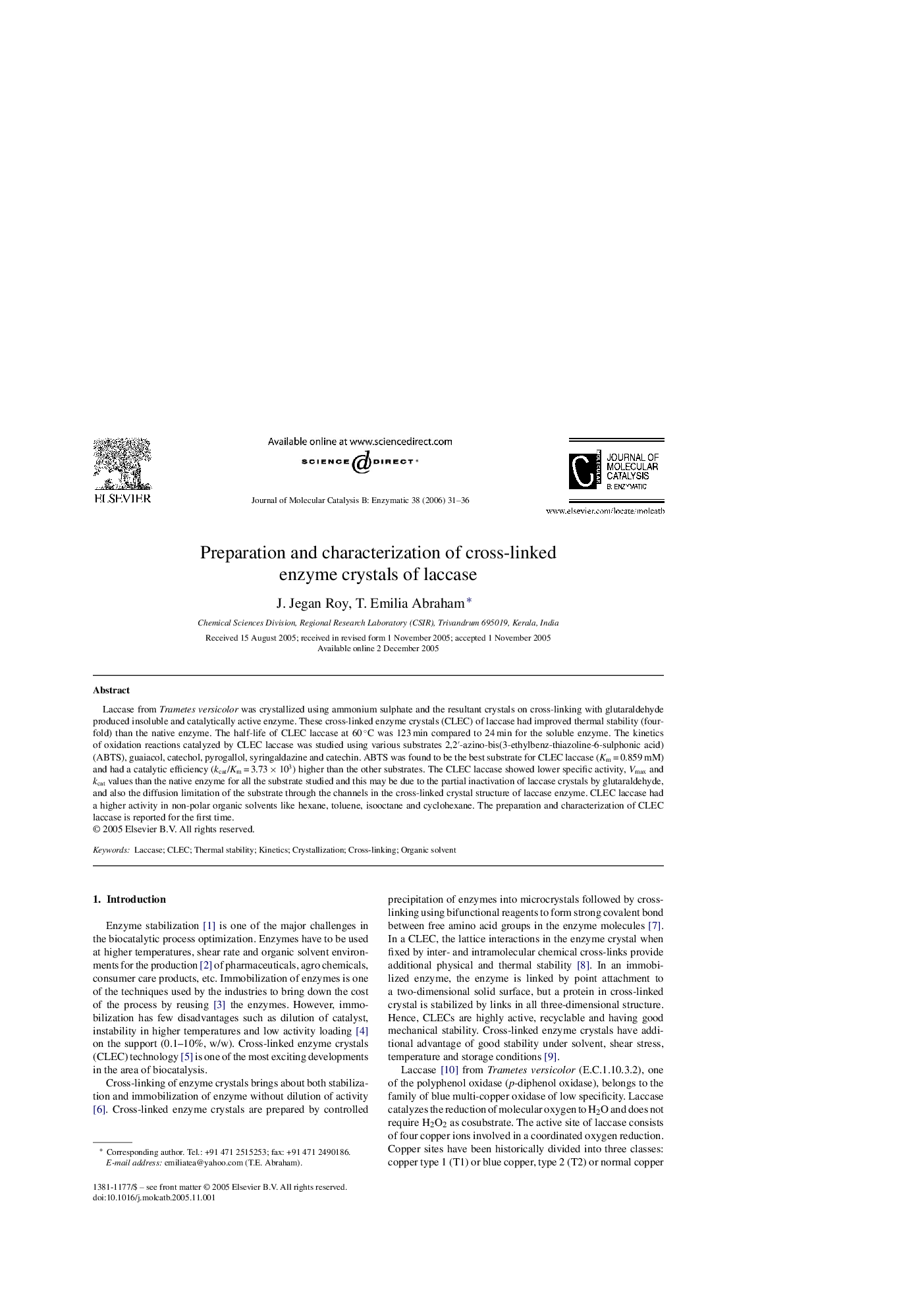 Preparation and characterization of cross-linked enzyme crystals of laccase