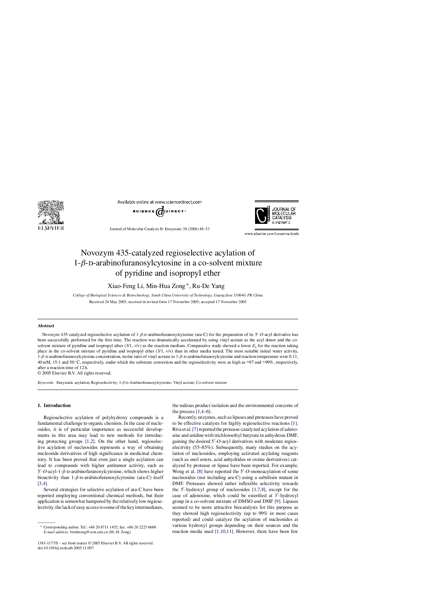 Novozym 435-catalyzed regioselective acylation of 1-β-d-arabinofuranosylcytosine in a co-solvent mixture of pyridine and isopropyl ether