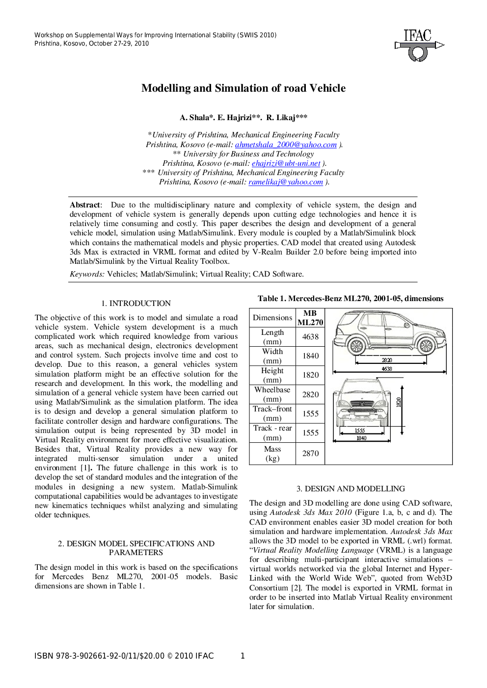 Modelling and Simulation of road Vehicle