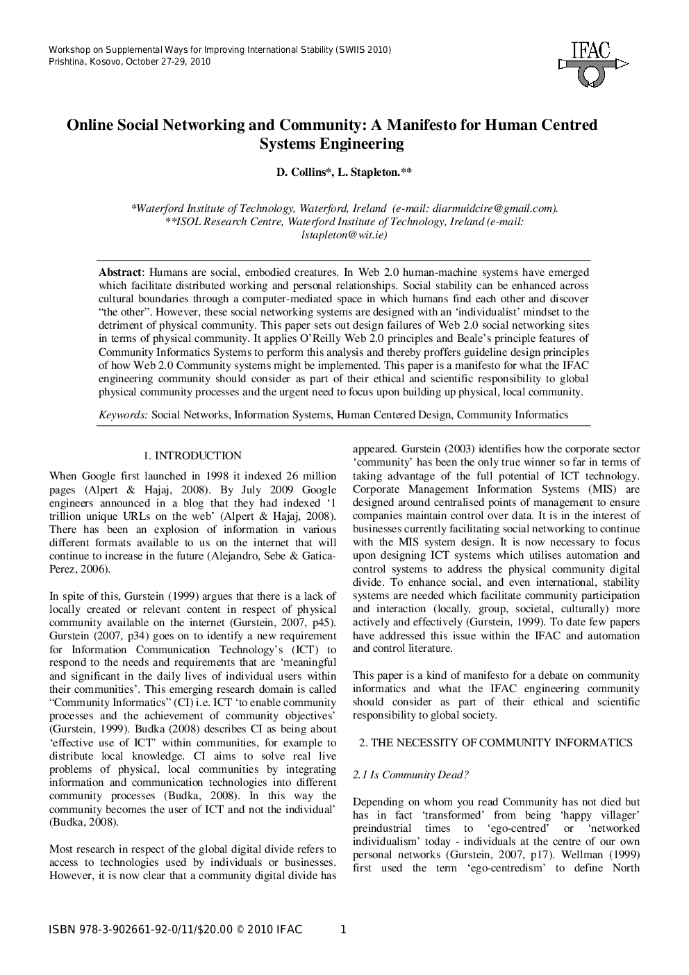 Online Social Networking and Community: A Manifesto for Human Centred Systems Engineering