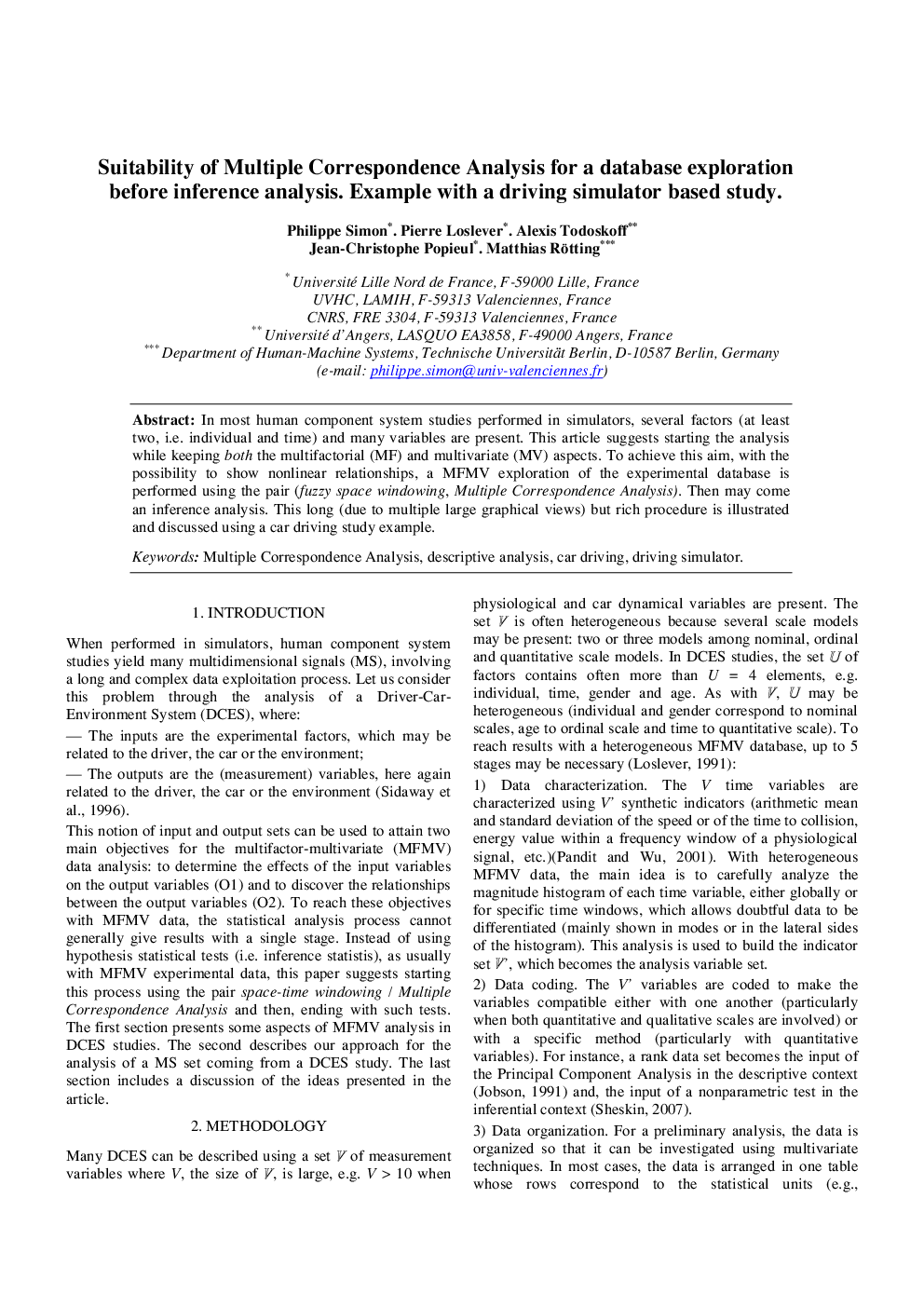 Suitability of Multiple Correspondence Analysis for a database exploration before inference analysis. Example with a driving simulator based study.
