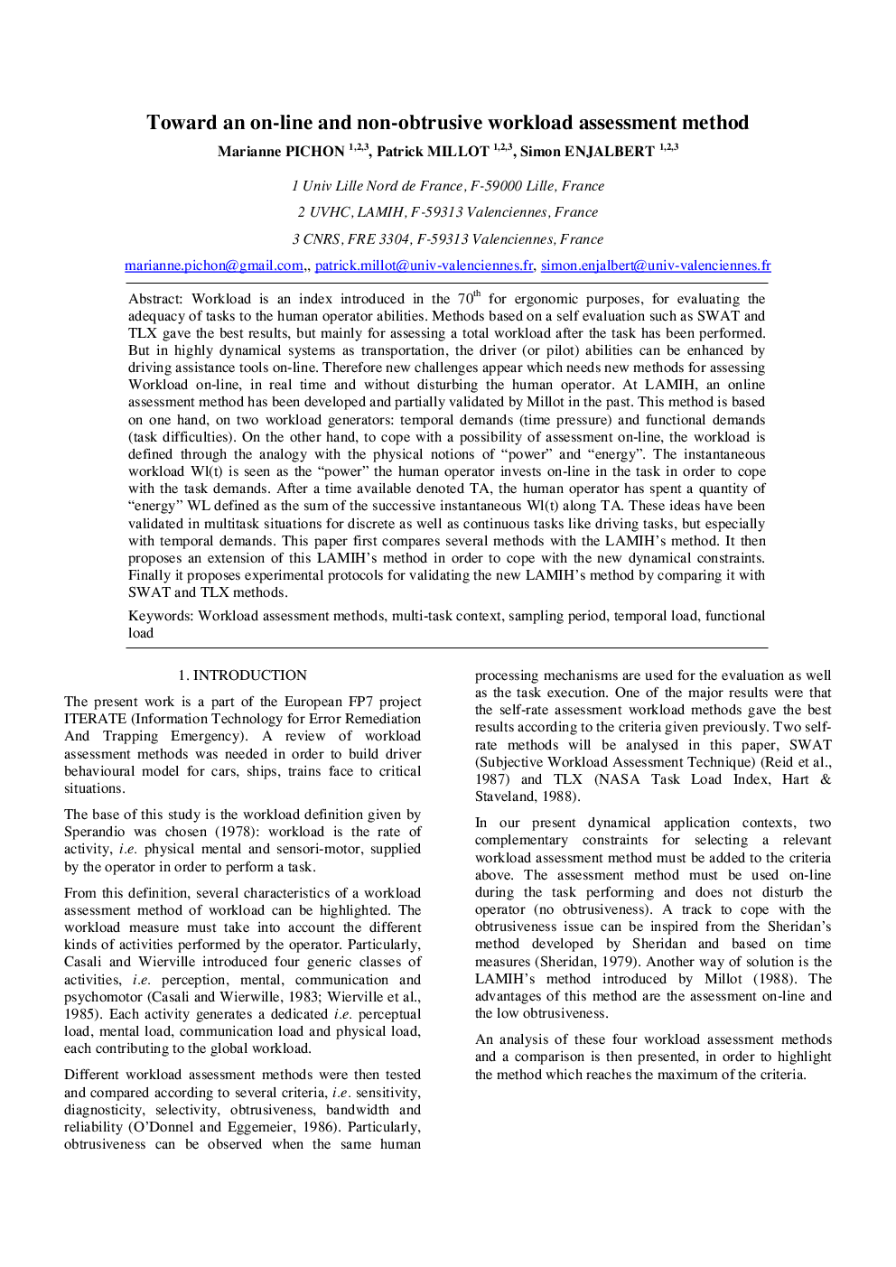 Toward an on-line and non-obtrusive workload assessment method