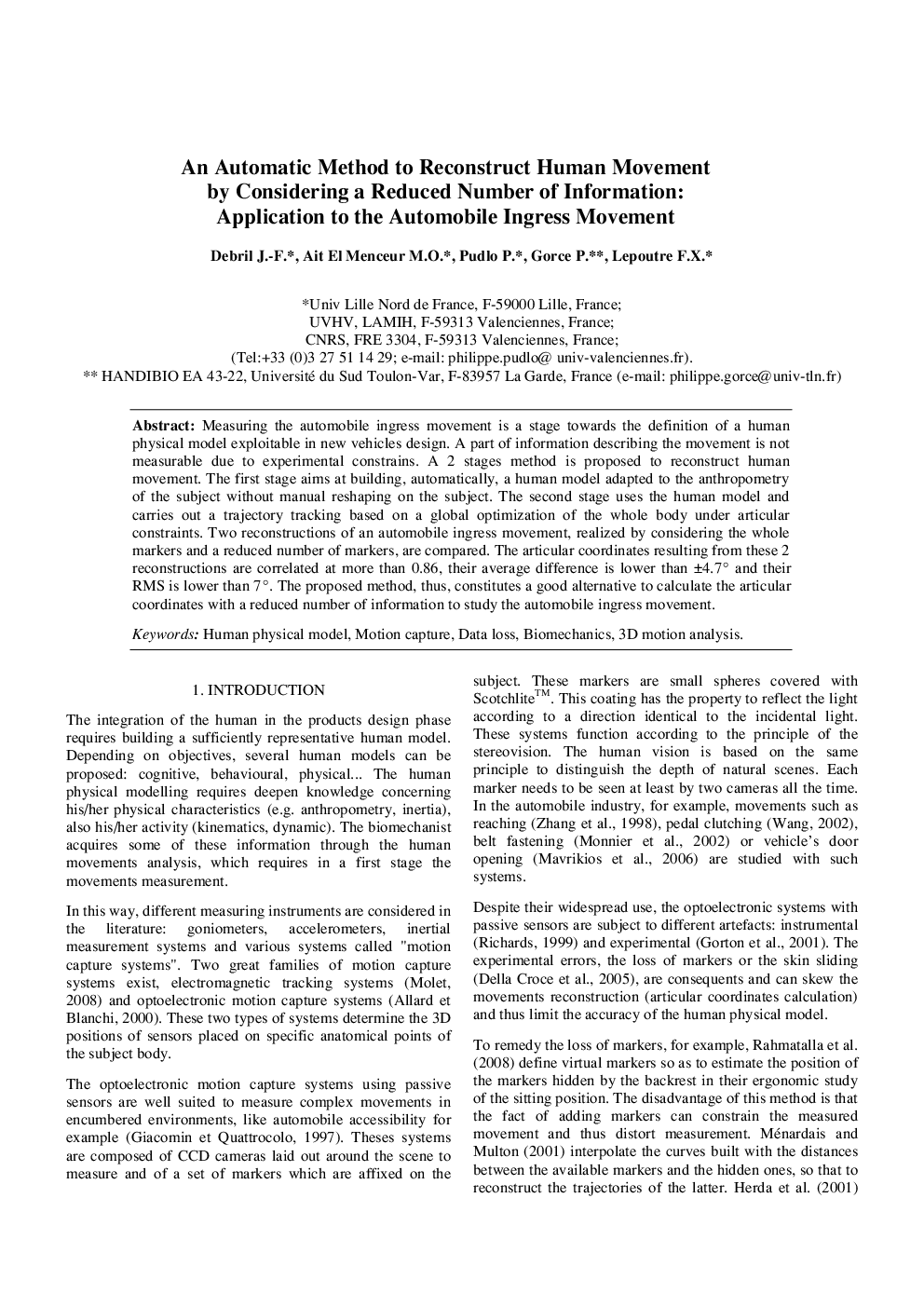 An Automatic Method to Reconstruct Human Movement by Considering a Reduced Number of Information: Application to the Automobile Ingress Movement