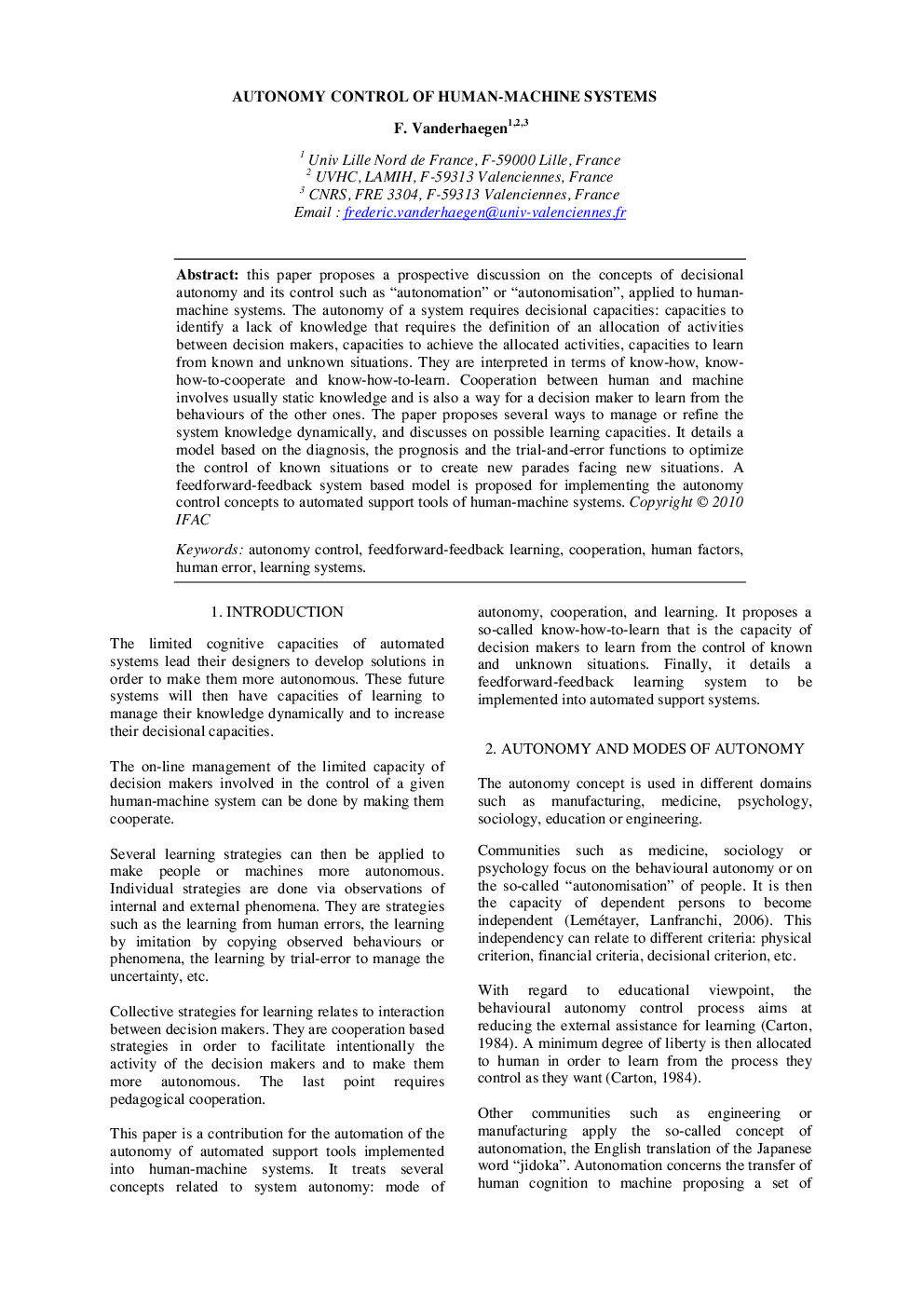 AUTONOMY CONTROL OF HUMAN-MACHINE SYSTEMS