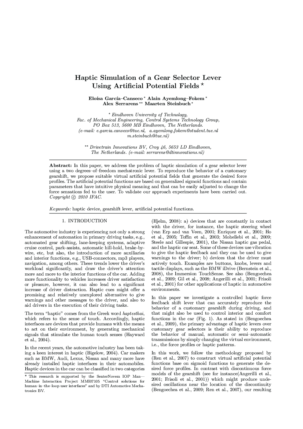 عکس صفحه اول مقاله: Haptic Simulation of a Gear Selector Lever Using Artificial Potential Fields Haptic Simulation of a Gear Selector Lever Using Artificial Potential Fields