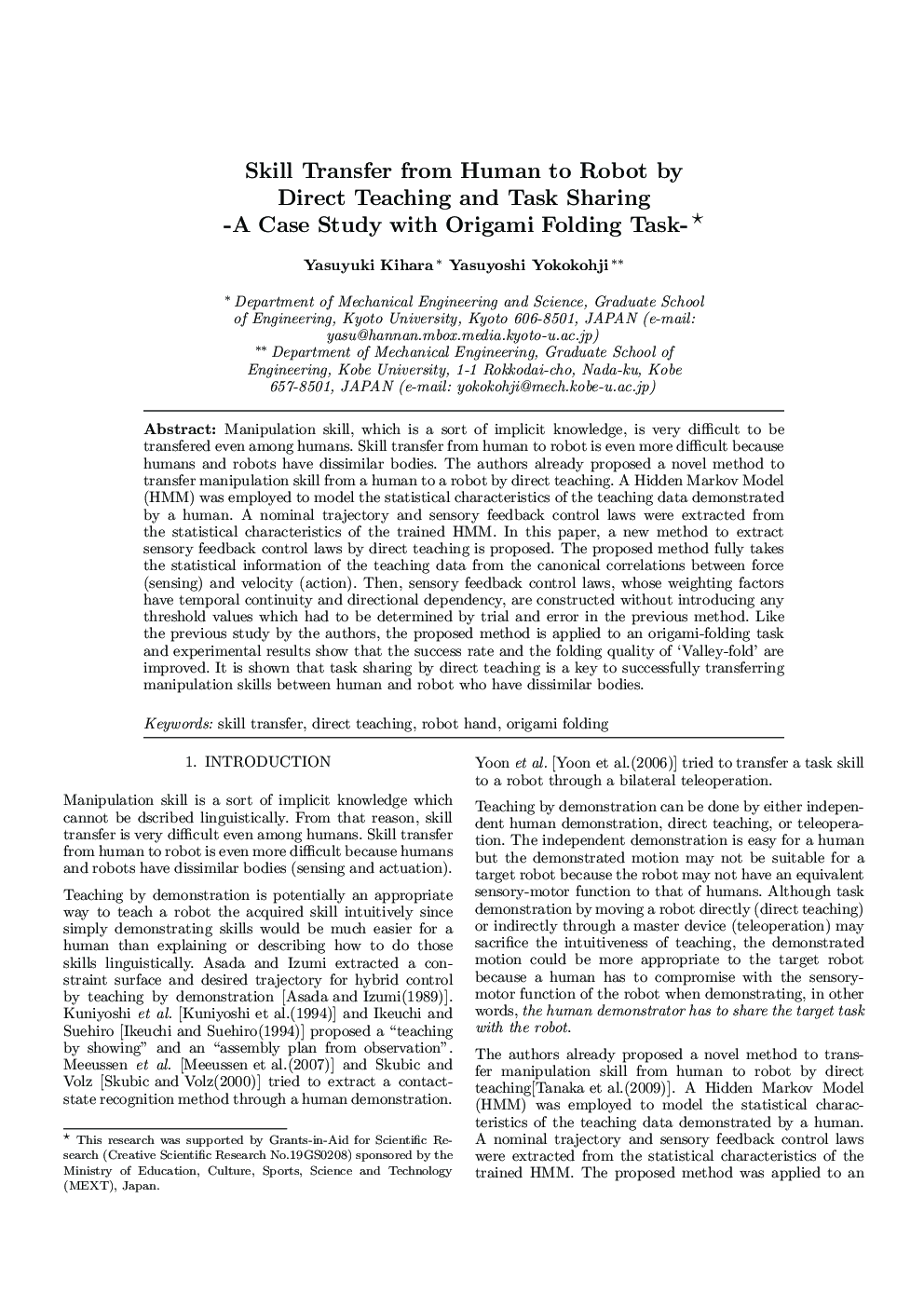 Skill Transfer from Human to Robot by Direct Teaching and Task Sharing -A Case Study with Origami Folding Task-